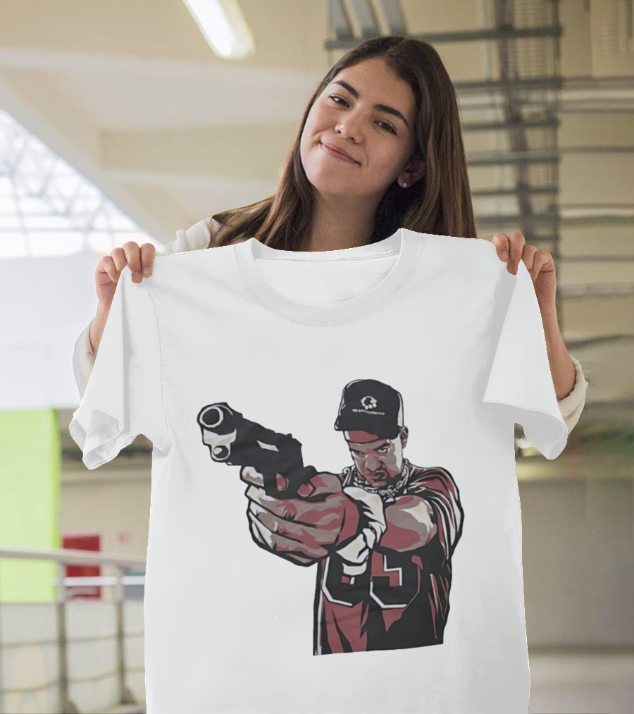 Man Pointing Gun Graphic With Number 89 And Hat Logo Codestructor T-Shirt