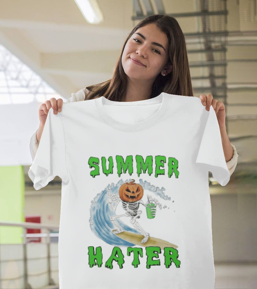 Skeleton With Pumpkin Head Surfing Wave Summer Hater T-Shirt