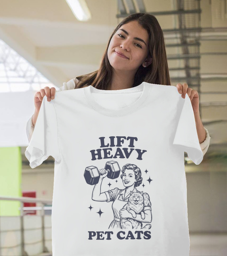 Lift Heavy Pet Cats Strong Woman Fitness Workout Retro Dumbbell T-Shirt