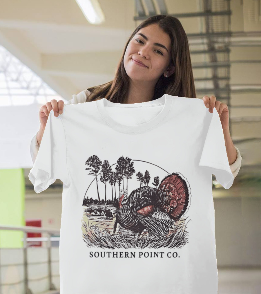 Southern Point Co. Turkey Strutting In The Field With Pine Trees And Horizon Scene T-Shirt