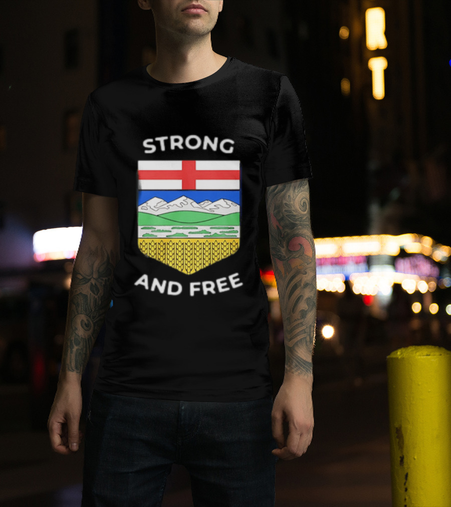 Alberta Canada Map Flag Strong And Free Crest And Wheat Sheaves T-Shirt