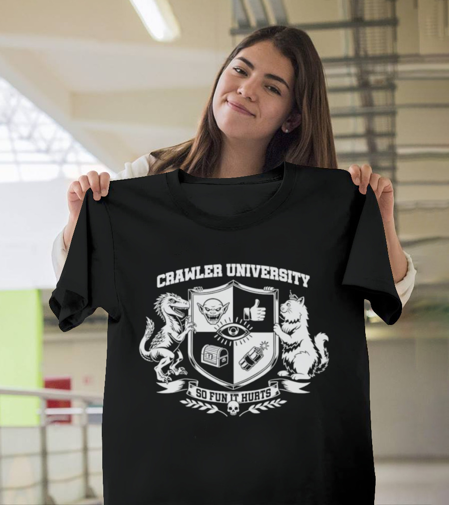 Crawler University Crest So Fun It Hurts Dungeon Crawler Carl Featuring Mongo And Princess Donut 2026 T-Shirt