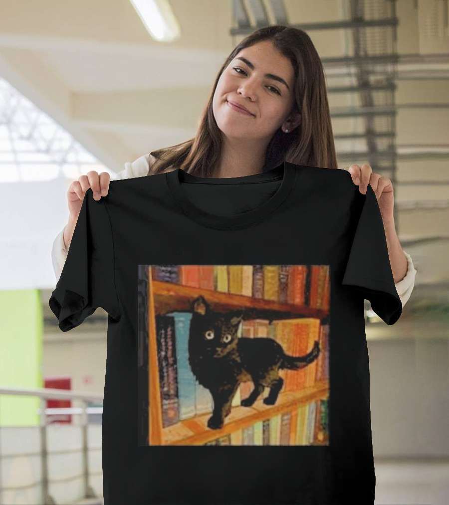Black Cat On Bookshelf With Colorful Books T-Shirt