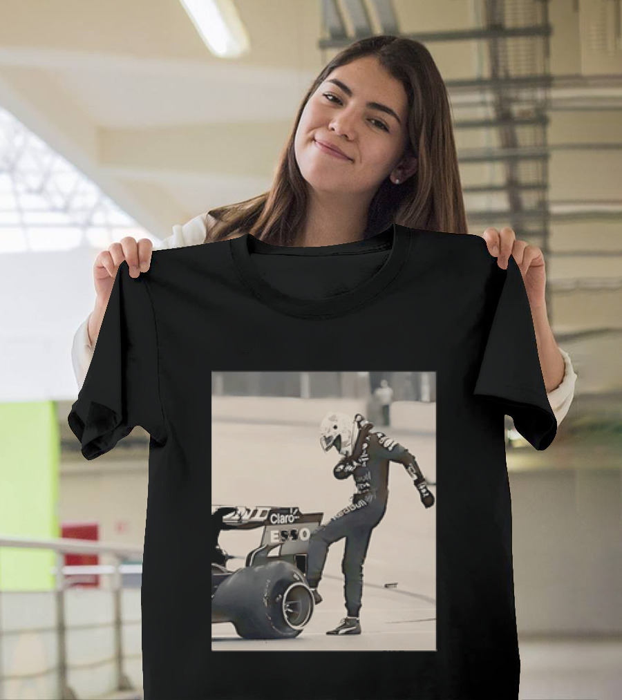 Max Verstappen Kicks Racing Tire Trackside In Racing Suit T-Shirt