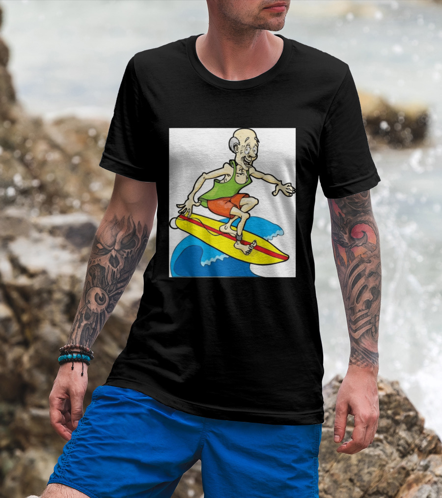 Retired Man Surfing Funny Cartoon Boomer On Yellow Board With Blue Waves T-Shirt