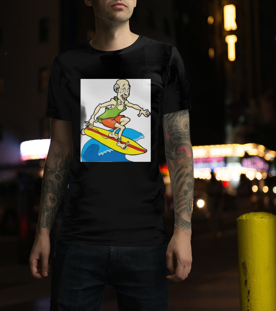 Retired Man Surfing Funny Cartoon Boomer On Yellow Board With Blue Waves T-Shirt