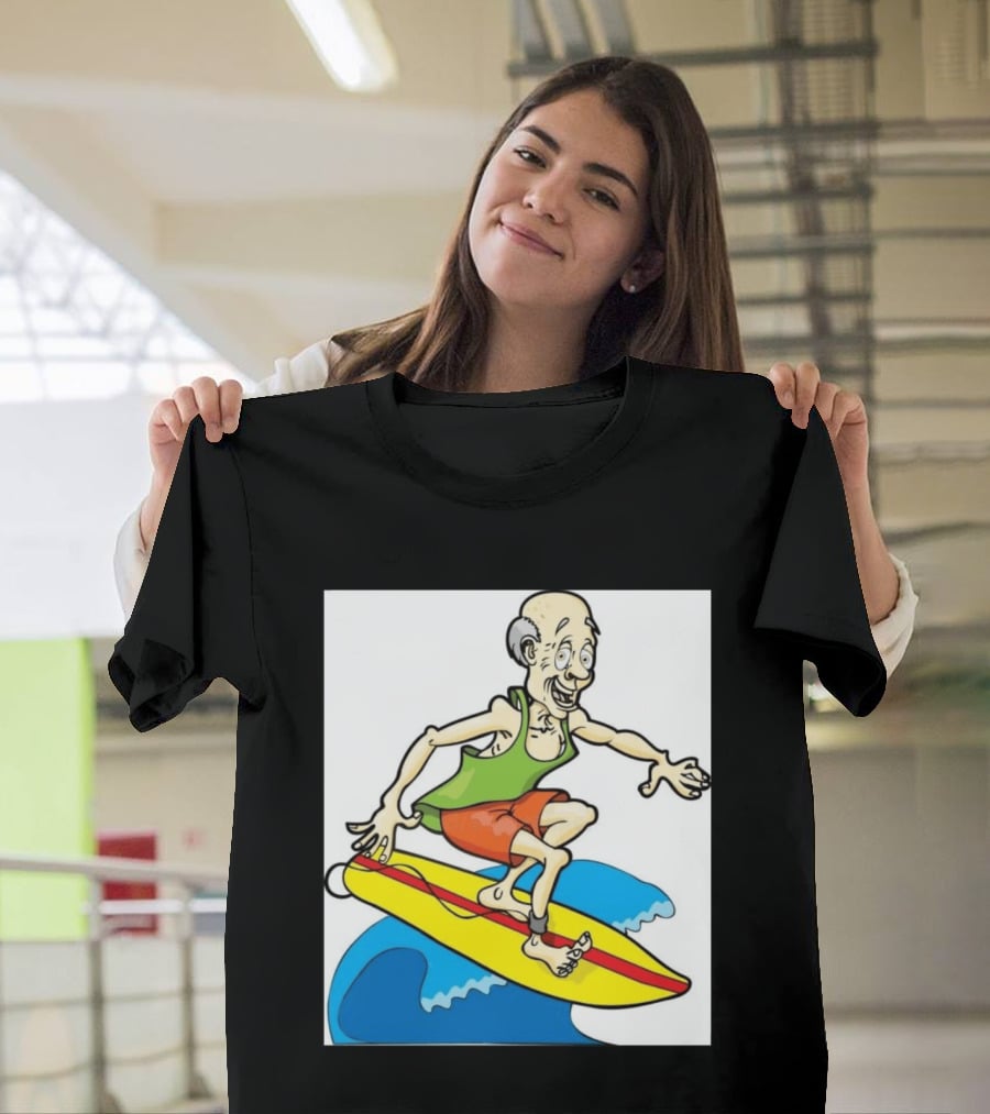 Retired Man Surfing Funny Cartoon Boomer On Yellow Board With Blue Waves T-Shirt