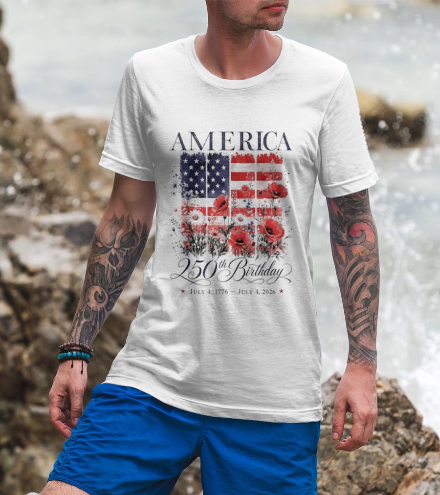 America 250th Birthday July 4 1776 2026 Floral Flag T-Shirt