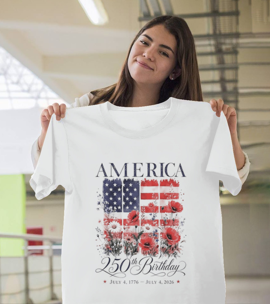 America 250th Birthday July 4 1776 2026 Floral Flag T-Shirt