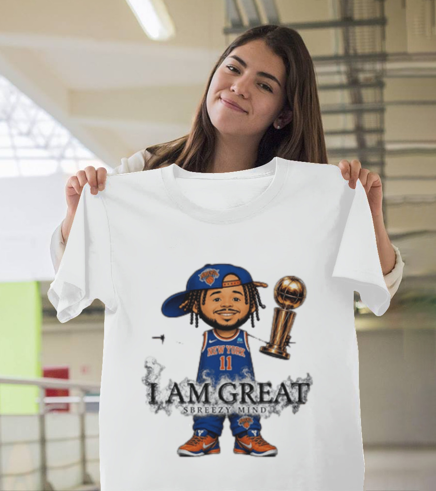 New York Knicks Jalen Brunson I Am Great Big Head Stick Hand Trophy T-Shirt