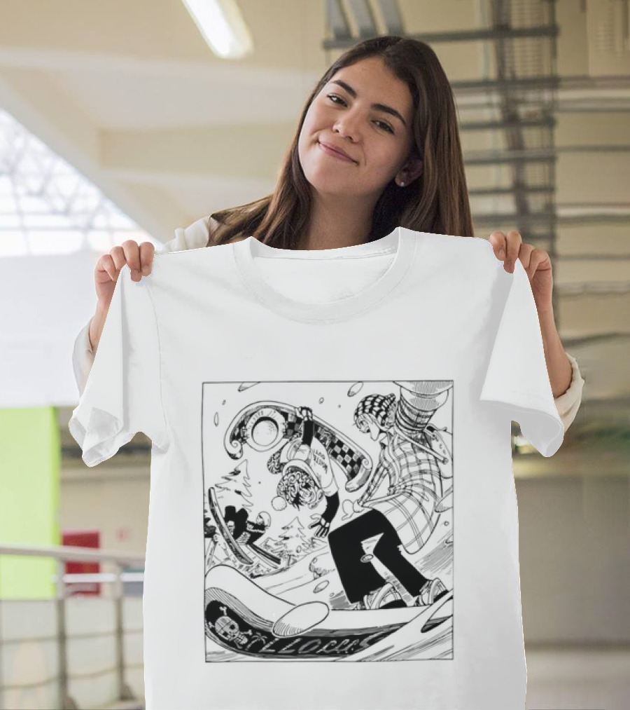 Snowboarding One Piece Crew Manga Style Action White Out Winter Scene T-Shirt