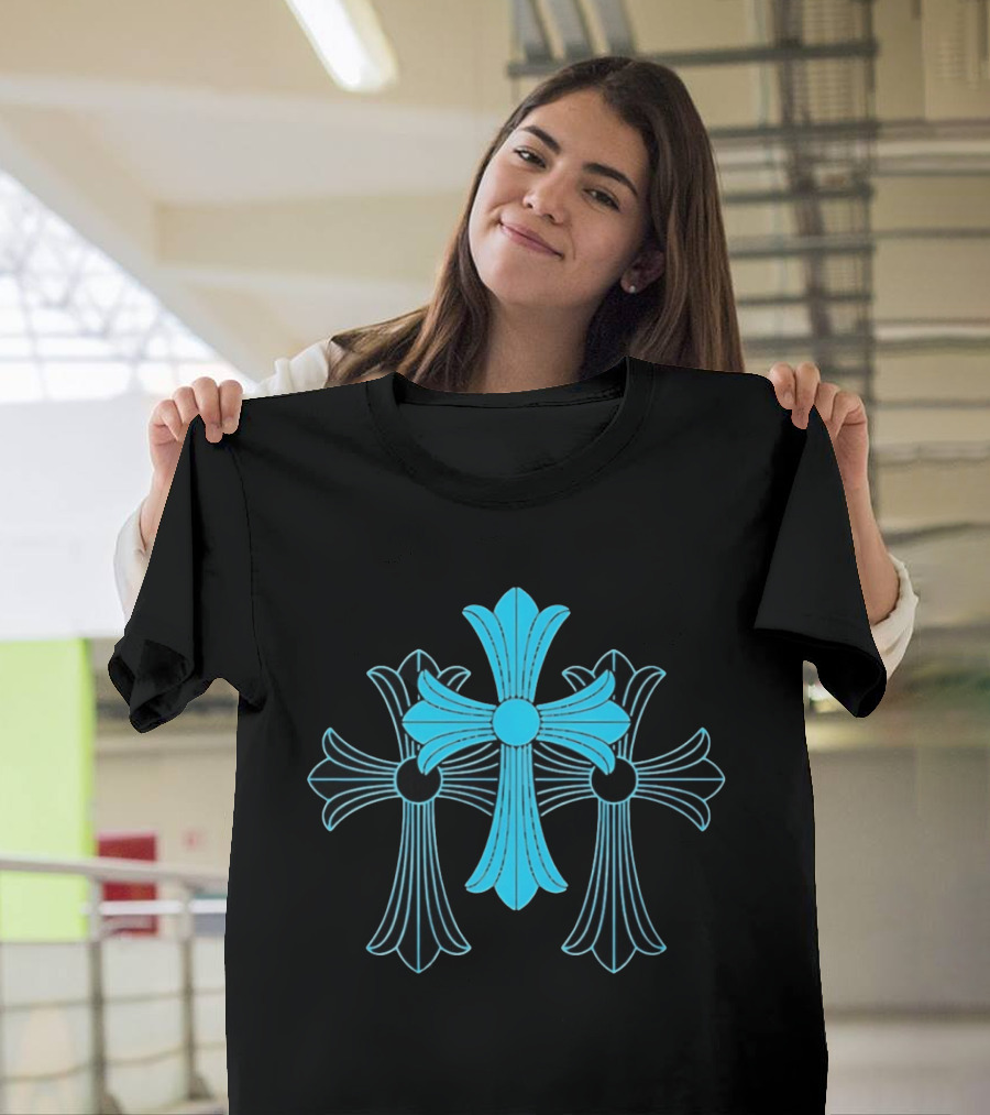 Blue Chrome Heart Cross Luxury Fashion Streetwear T-Shirt