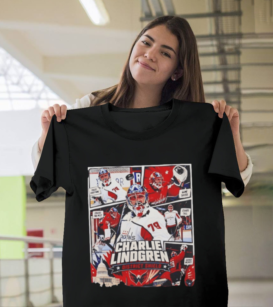 Charlie Lindgren Capitals District Shield Comic Style Hockey Action T-Shirt