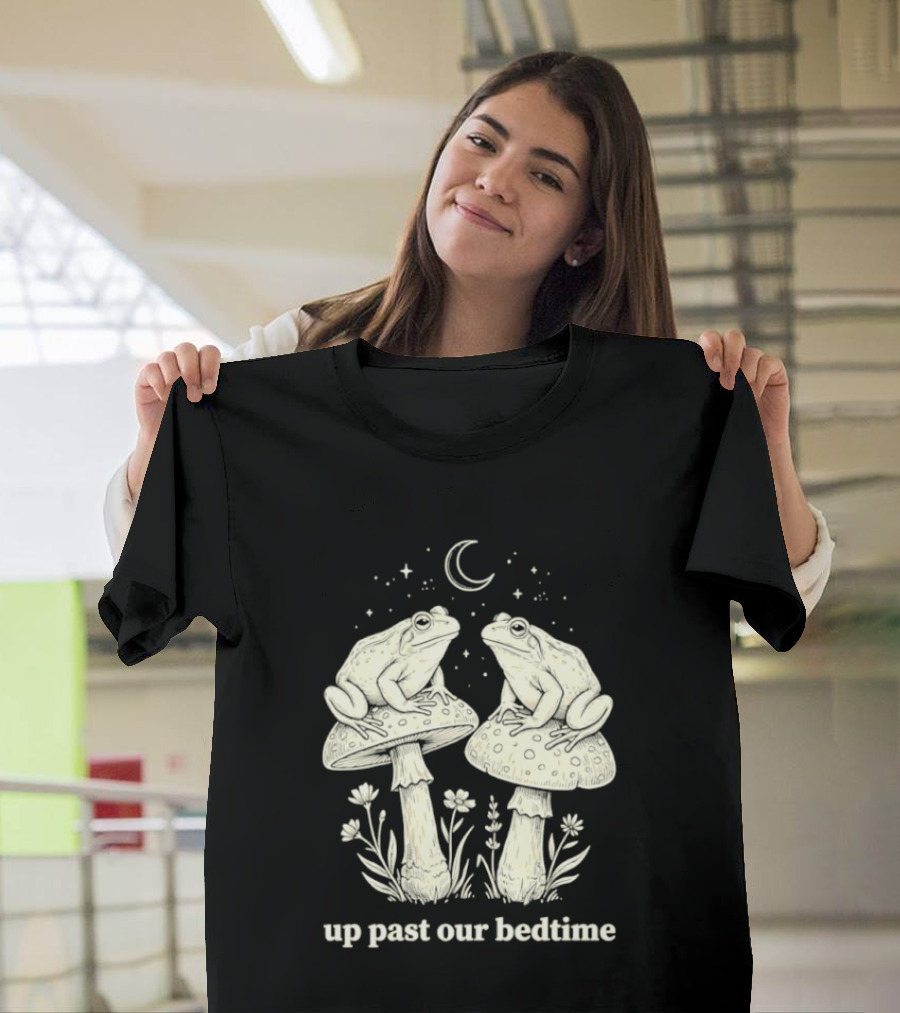 Two Frogs On Mushrooms Up Past Our Bedtime Night Sky Moon Stars T-Shirt