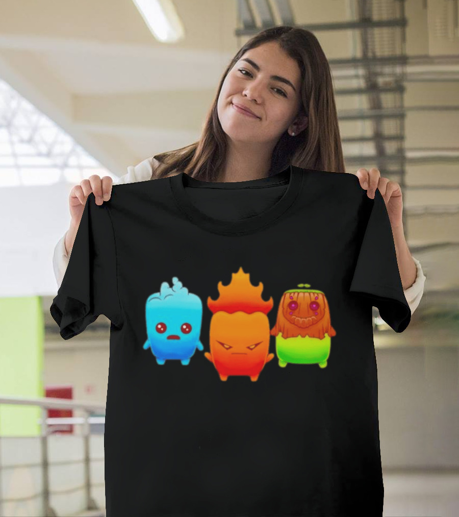 Water Fire And Earth Elemental Creatures Fireboy And Watergirl Cute Characters T-Shirt