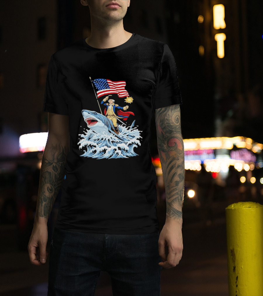 Shark Riding George Washington With American Flag Patriotic 4th Of July T-Shirt