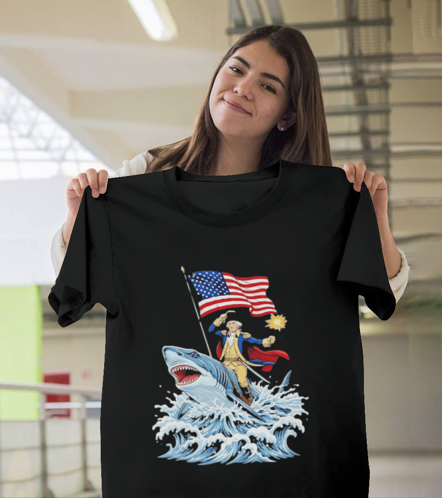 Shark Riding George Washington With American Flag Patriotic 4th Of July T-Shirt