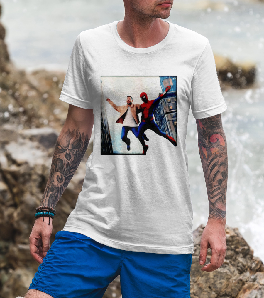 Lionel Messi And Spider Man Jump In City Marvel Cinematic Universe T-Shirt