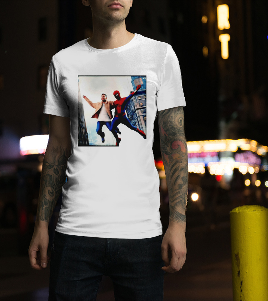 Lionel Messi And Spider Man Jump In City Marvel Cinematic Universe T-Shirt