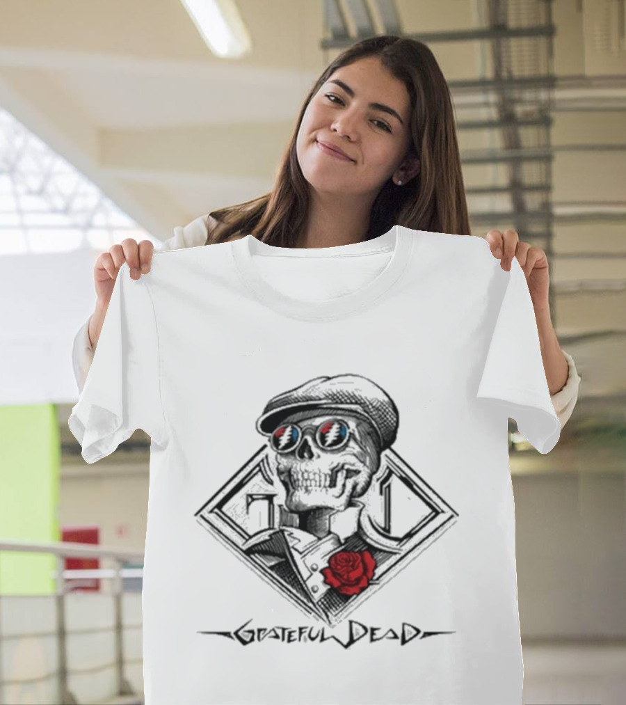 Grateful Dead Derby Skeleton With Rose And Cap T-Shirt