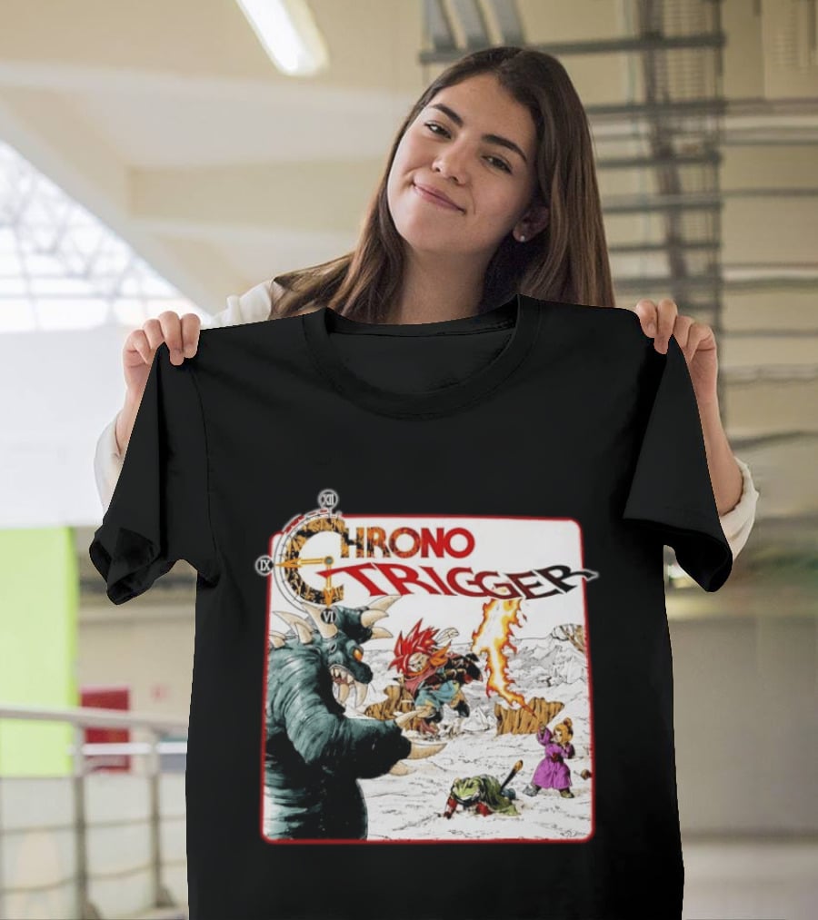 Chrono Trigger Iconic Gaming Adventure Characters And Battle Scene T-Shirt
