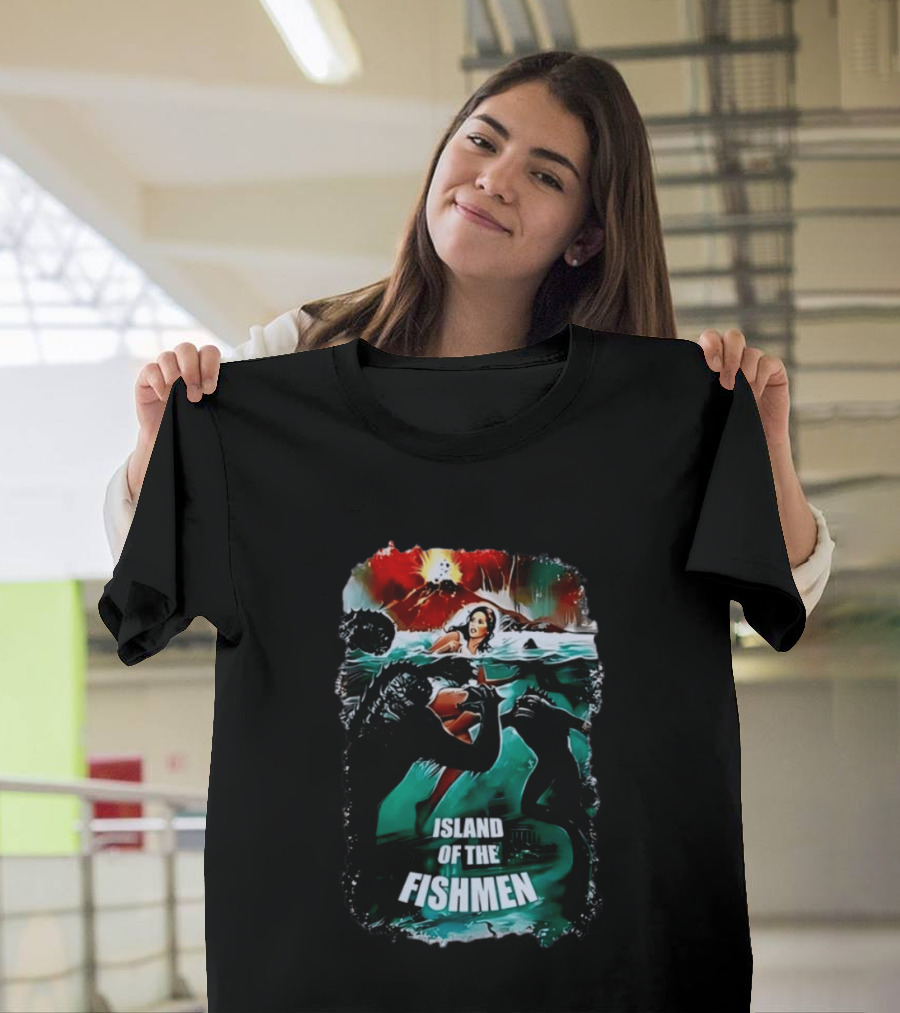 Island Of The Fishmen Vintage Movie Scene With Sea Monsters And Volcano T-Shirt