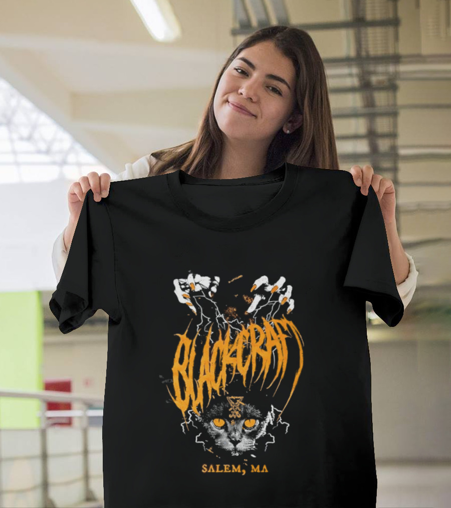 Blackcraft Salem MA Cat Occult Theme With Leviathan Cross T-Shirt