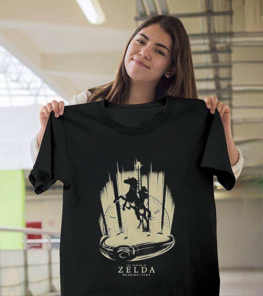 Link Riding Epona Castle Background Zelda Ocarina Of Time T-Shirt