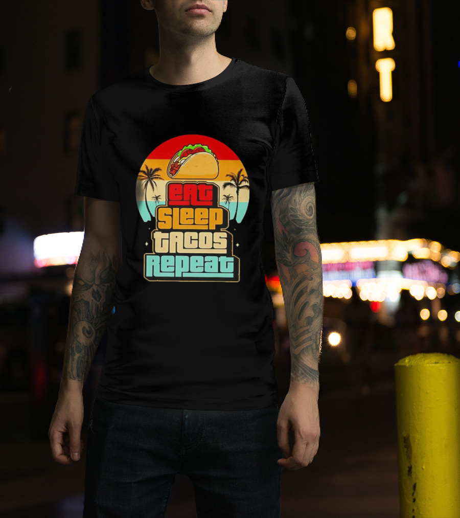 Eat Sleep Tacos Repeat Gaming Retro Sunset Palm Trees T-Shirt