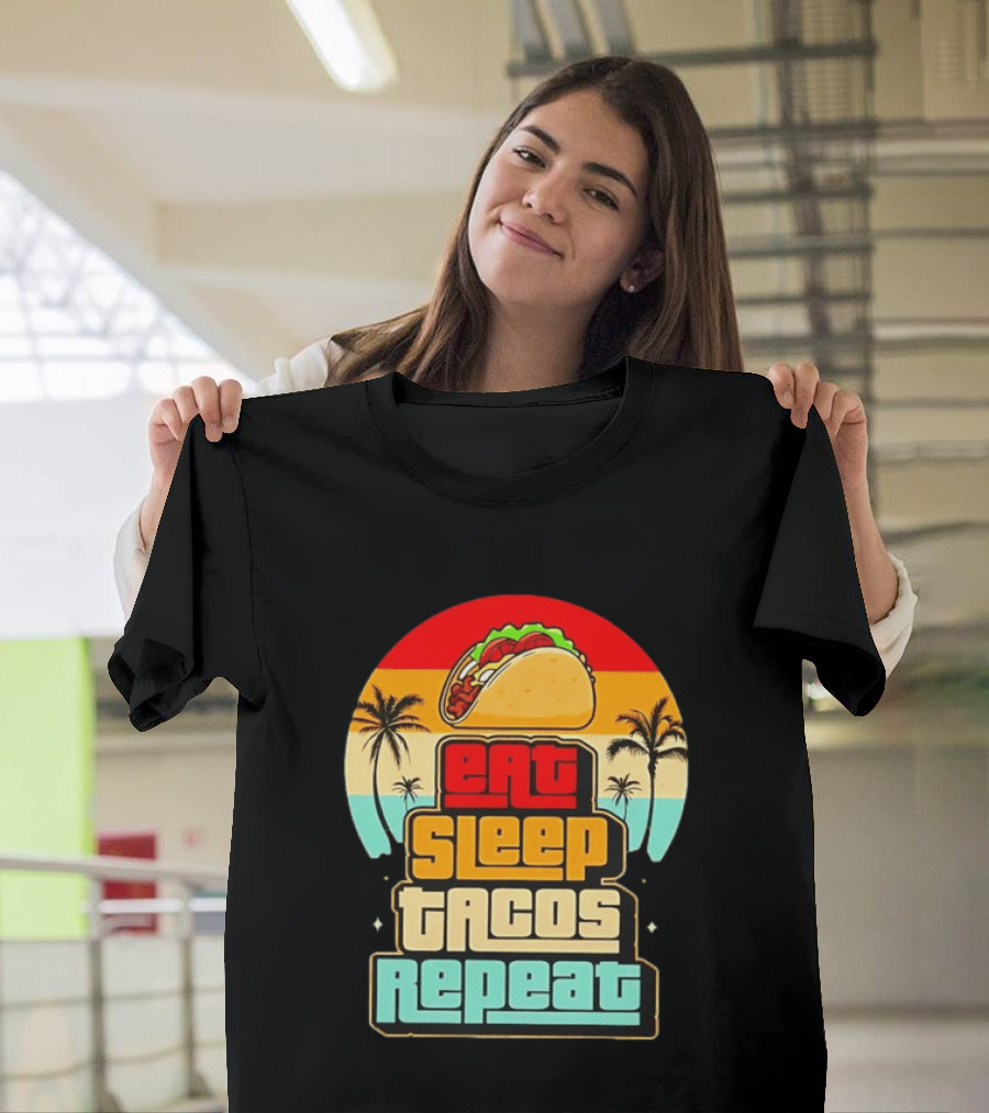 Eat Sleep Tacos Repeat Gaming Retro Sunset Palm Trees T-Shirt