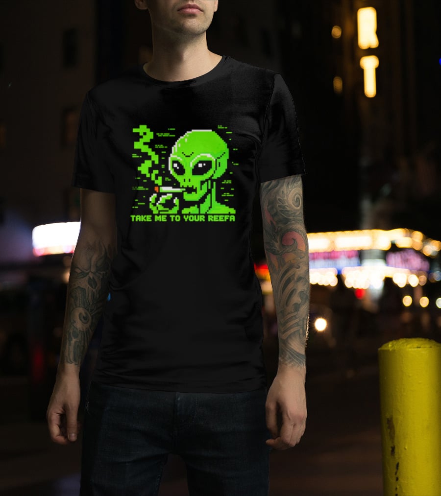 Take Me To Your Reefa Alien Smoking Pixel Art Green Extraterrestrial T-Shirt