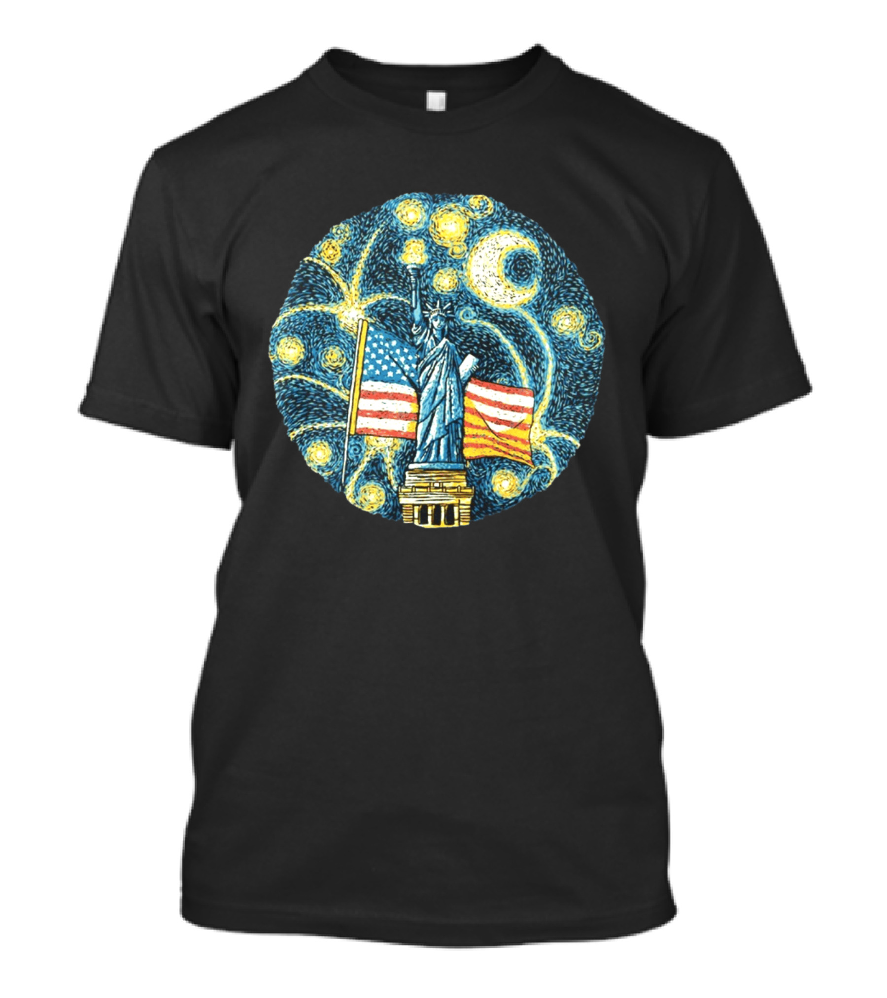 Statue Of Liberty USA Flag Firework Starry Night T-Shirt