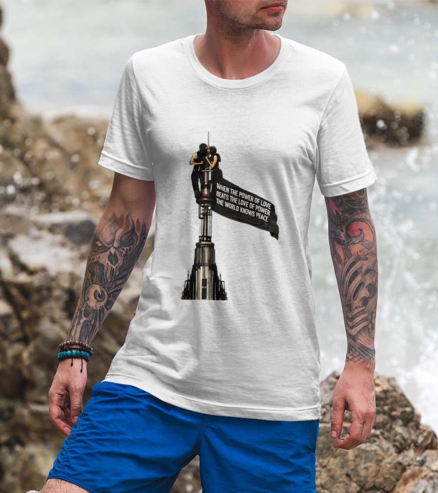 Angela Nikolau And Ivan Beerkus Love And Peace Flag On Empire State Building T-Shirt