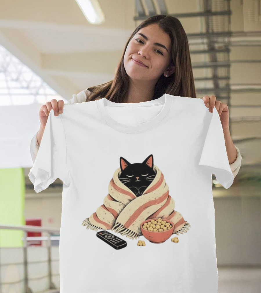 Cozy Black Cat Wrapped In Blanket With Popcorn And Remote T-Shirt