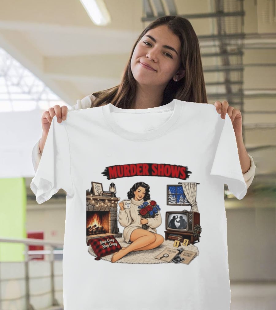 Murder Shows Cozy Creepy Mystery Scene With Fire, Roses, And Vintage TV T-Shirt