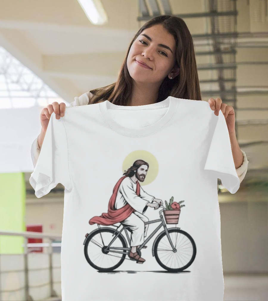 Christ On A Bike British Slang Jesus Cycling With Halo And Groceries T-Shirt