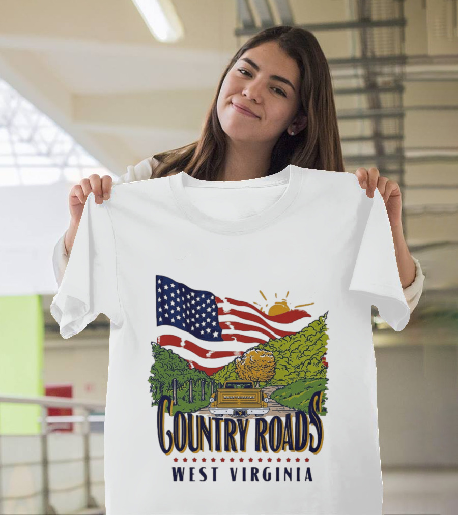 Country Roads West Virginia American USA Flag Vintage Truck Scenic Route T-Shirt