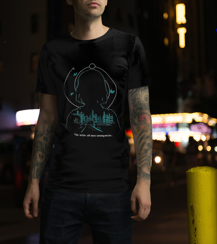 Serene Forest Silhouette With Bluebirds And Headset This Action Will Have Consequences T-Shirt