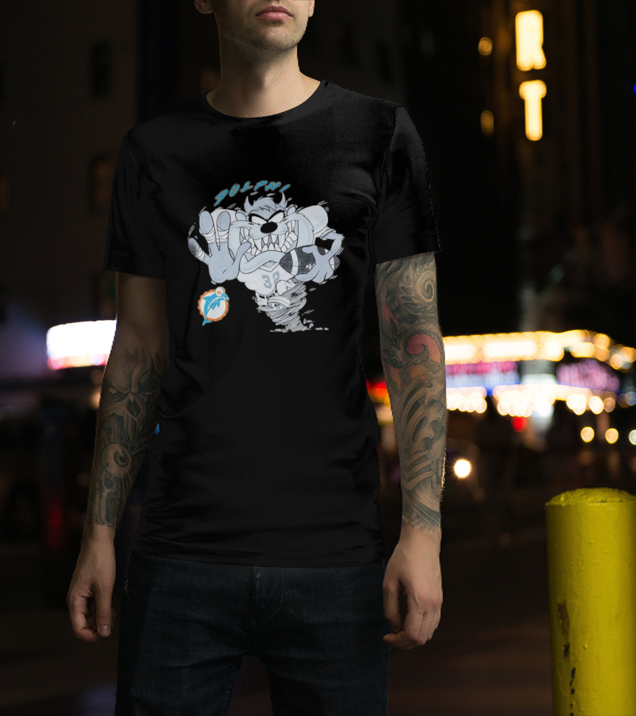 Taz Playing Football Miami Dolphins Whirlwind Sports Fan Gear T-Shirt