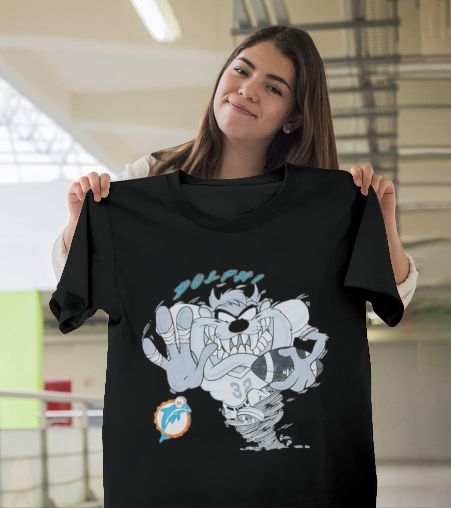 Taz Playing Football Miami Dolphins Whirlwind Sports Fan Gear T-Shirt