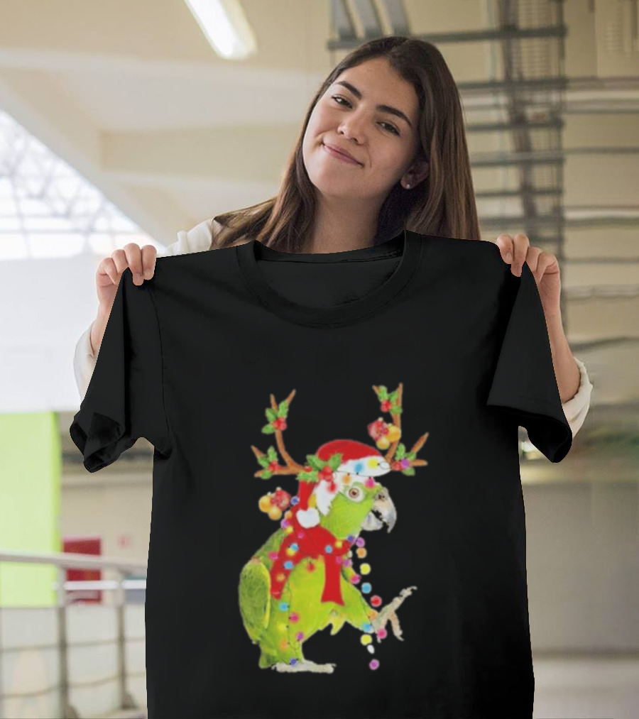 Festive Parrot Wearing Santa Hat And Reindeer Antlers T-Shirt