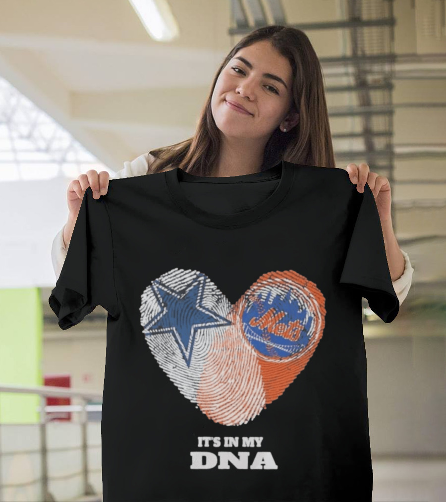 IT'S IN MY DNA Dallas Cowboys New York Mets Fan Fingerprint Heart T-Shirt
