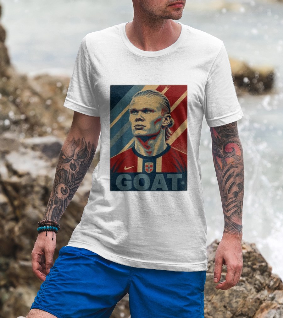 Erling Haaland G.O.A.T Norway Soccer Legend Iconic Red Blue Stripes T-Shirt