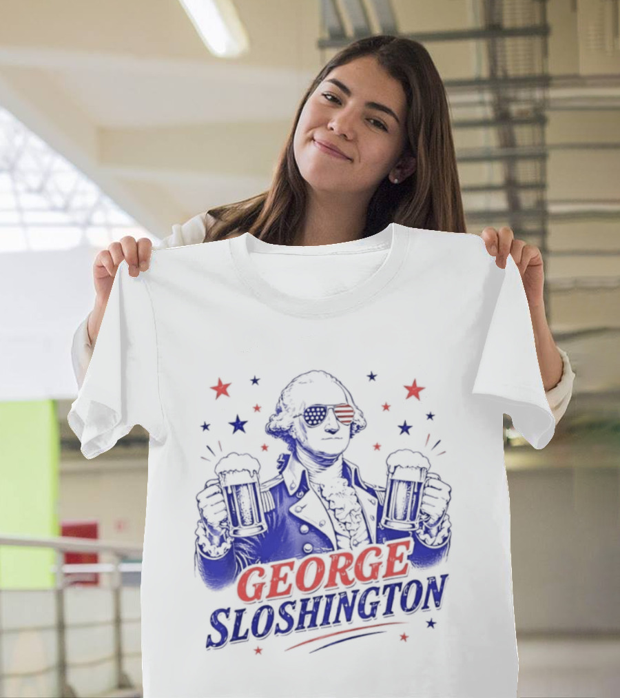 GEORGE SLOSHINGTON Party Patriot Drinking Beer Red White Blue Stars T-Shirt