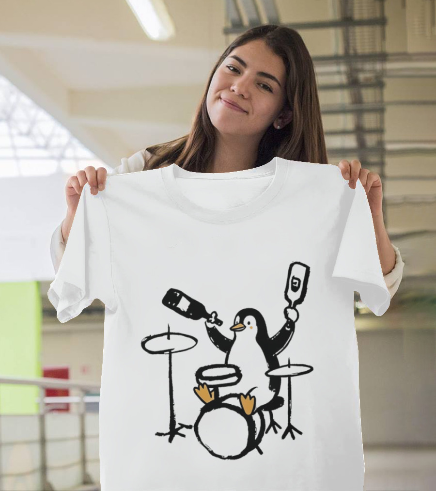 Penguin Playing Drums Drinking Wine With Bottle T-Shirt