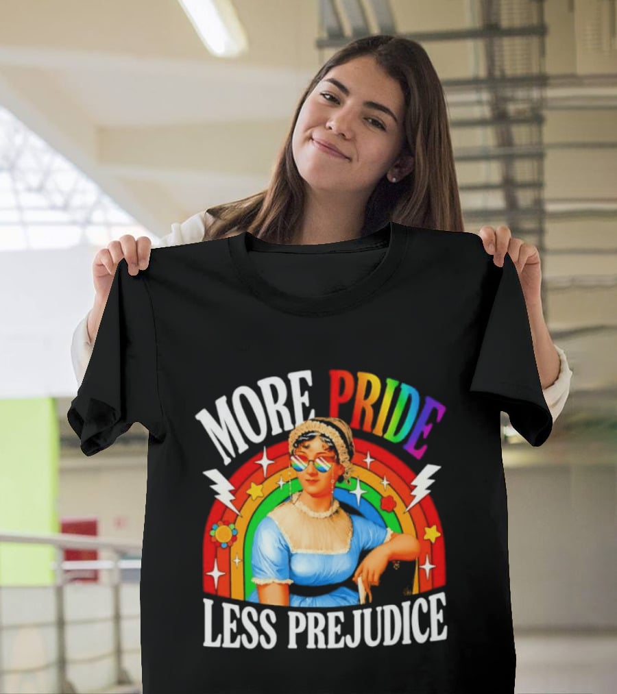 More Pride Less Prejudice LGBTQ Rainbow Heart Jane Austen Pride Month T-Shirt