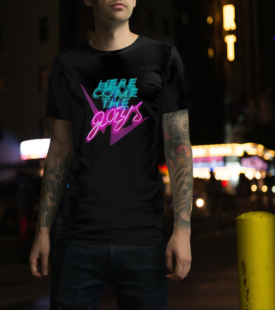 Here Come The Gays Neon Sign Vibrant LGBTQ+ Pride T-Shirt