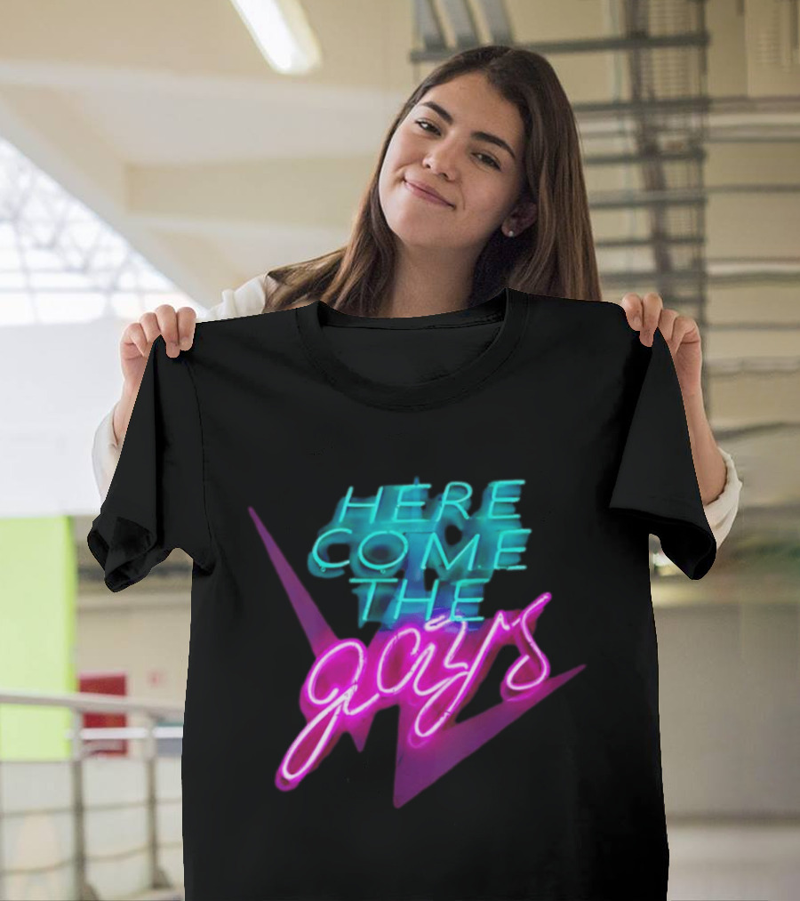 Here Come The Gays Neon Sign Vibrant LGBTQ+ Pride T-Shirt