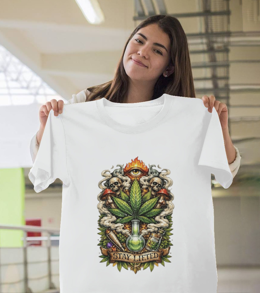Cannabis Leaf Skull Mushroom Alchemy Eye Stay Lifted Weed Culture T-Shirt