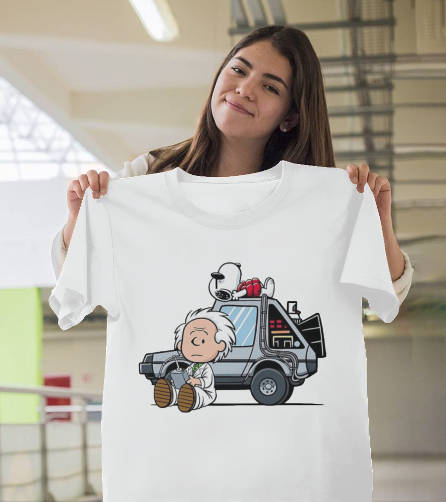 Doc Brown Snoopy Back To The Future Delorean Time Machine Cartoon Mashup T-Shirt